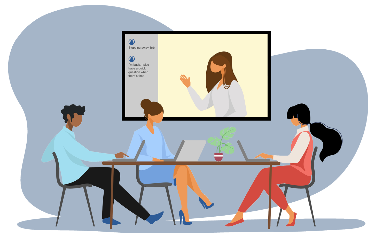 Illustration of three coworkers at a table in a hybrid meeting, one raising a hand toward a video call on screen with a chat sidebar showing a side conversation